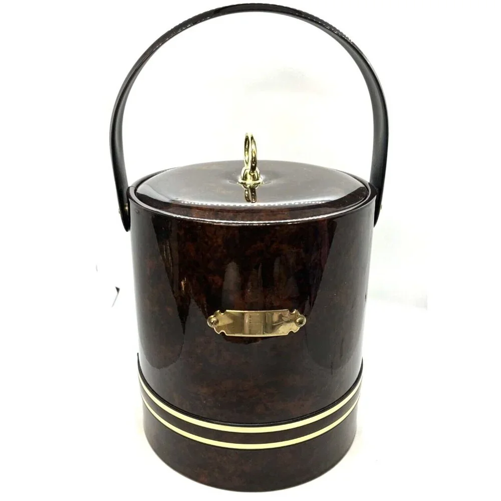 Mid-Century Faux Brown Tortoise Shell Vinyl Ice Bucket Vintage Man Cave